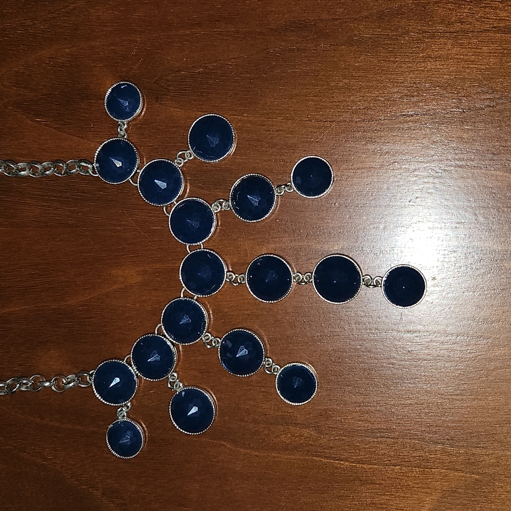 Navy blue bubble drop silvertone necklace